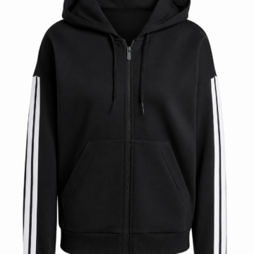 Black Full-Zip Hoodie with White Striped Sleeves
