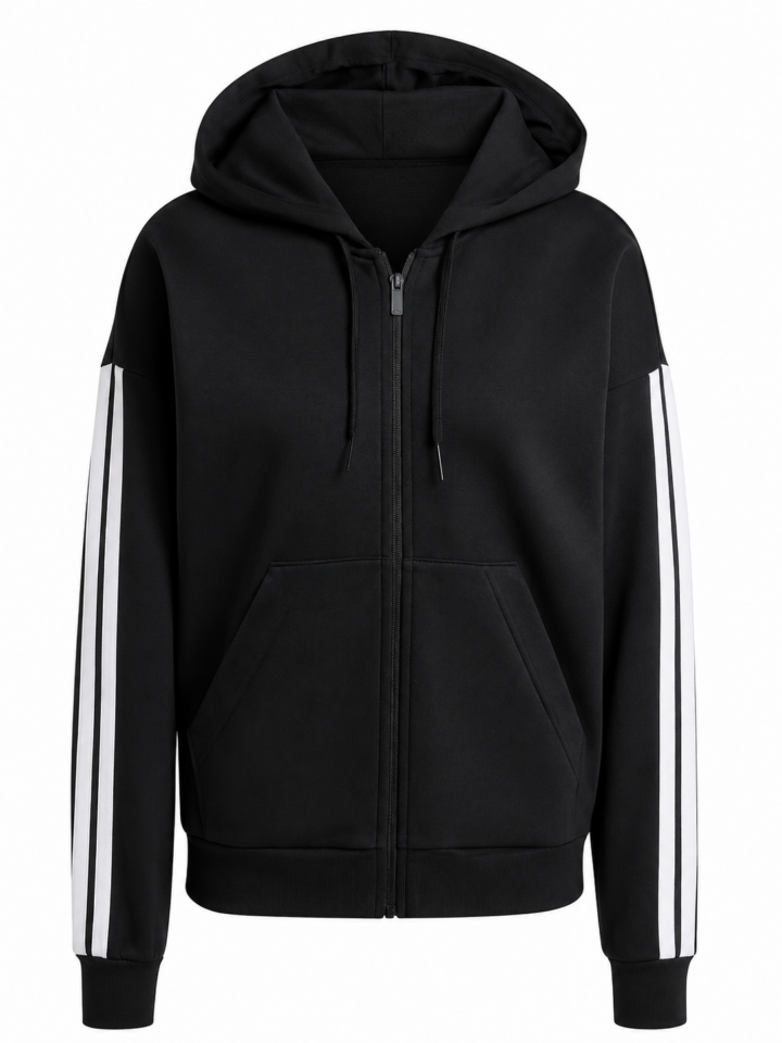 Black Full-Zip Hoodie with White Striped Sleeves