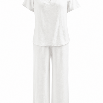White V-Neck Short Sleeve Top and Wide-Leg Pants Two-Piece Set