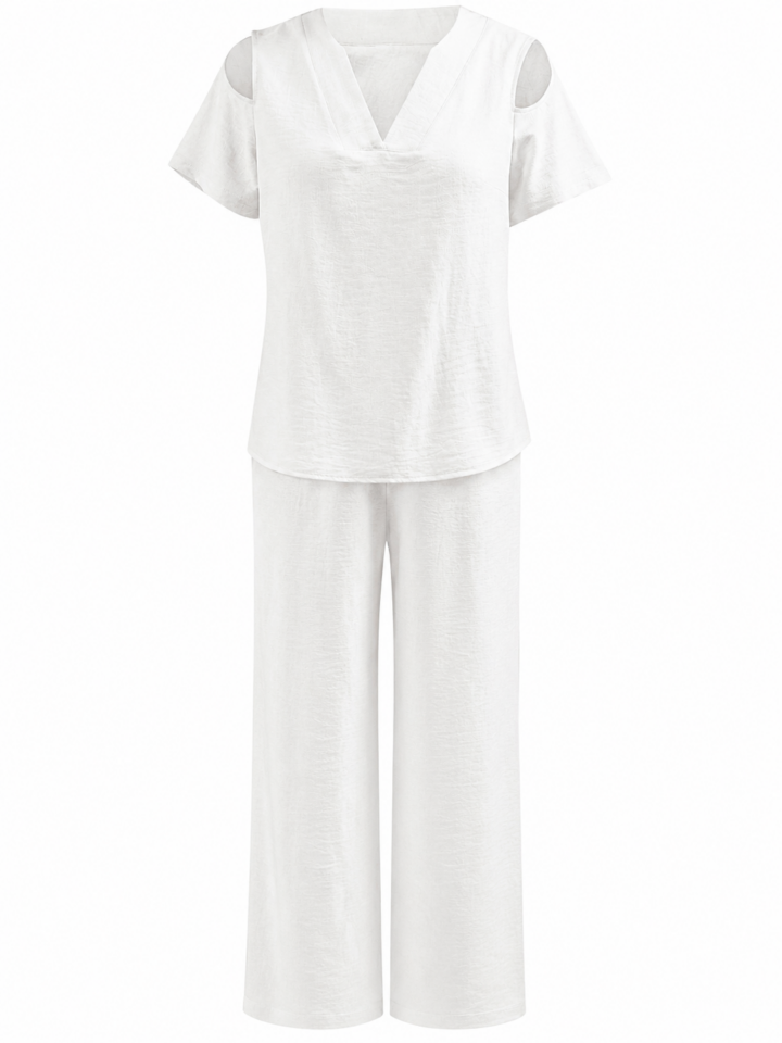White V-Neck Short Sleeve Top and Wide-Leg Pants Two-Piece Set