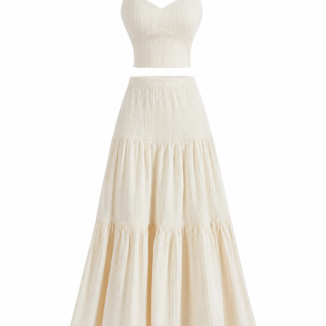 Cream Off-White Ribbed Two-Piece Set with Cropped Camisole and Tiered Maxi Skirt