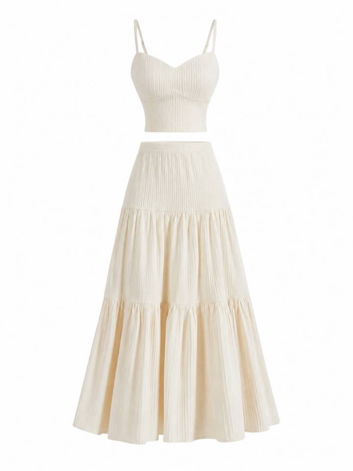 Cream Off-White Ribbed Two-Piece Set with Cropped Camisole and Tiered Maxi Skirt