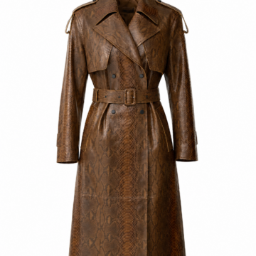 Brown Snakeskin Print Double-Breasted Trench Coat