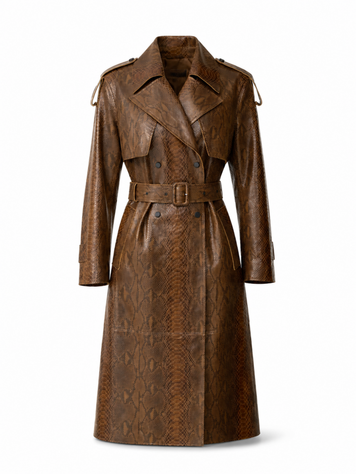 Brown Snakeskin Print Double-Breasted Trench Coat