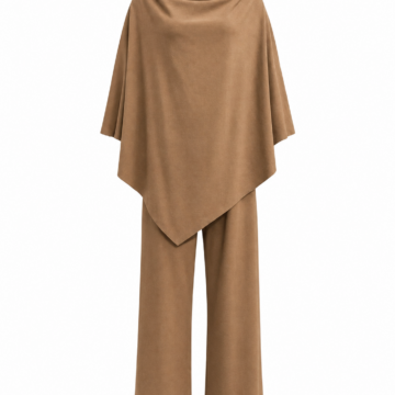 Camel Cowl-Neck Poncho Top and Wide-Leg Pants Two-Piece Set