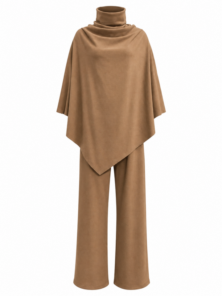 Camel Cowl-Neck Poncho Top and Wide-Leg Pants Two-Piece Set
