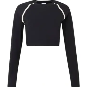 Black Cropped Long-Sleeve Top with Contrast Piping