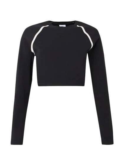 Black Cropped Long-Sleeve Top with Contrast Piping