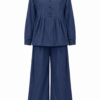 Navy Band Collar Button Front Top and Wide-Leg Trousers Two-Piece Set