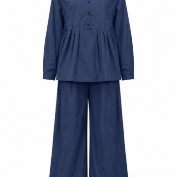 Navy Band Collar Button Front Top and Wide-Leg Trousers Two-Piece Set