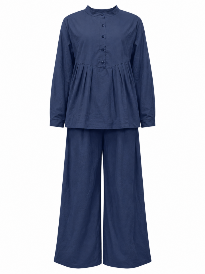 Navy Band Collar Button Front Top and Wide-Leg Trousers Two-Piece Set
