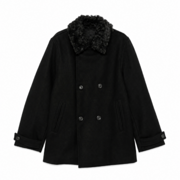 Black Mid-Length Double-Breasted Coat with Faux Fur Collar