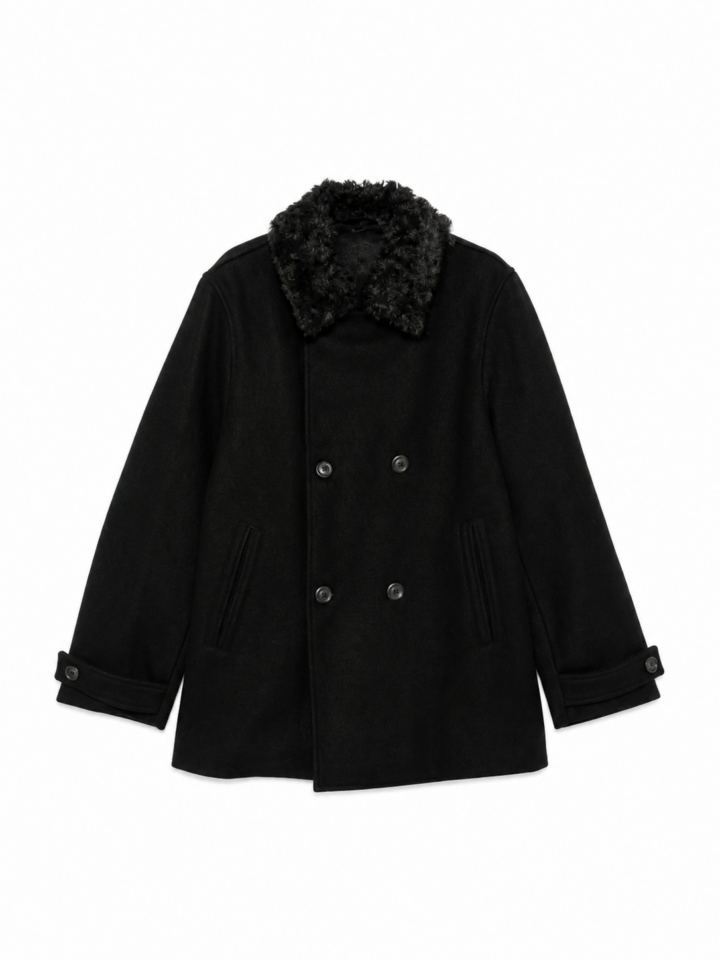 Black Mid-Length Double-Breasted Coat with Faux Fur Collar
