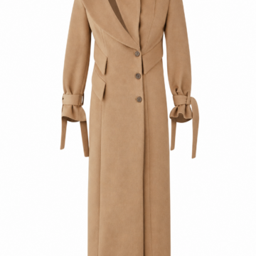 Camel Long Single-Breasted Coat with Self-Tie Cuffs