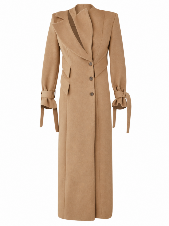 Camel Long Single-Breasted Coat with Self-Tie Cuffs