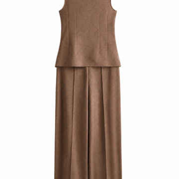 Brown Sleeveless Mock Neck Top and Wide-Leg Trousers Two-Piece Set