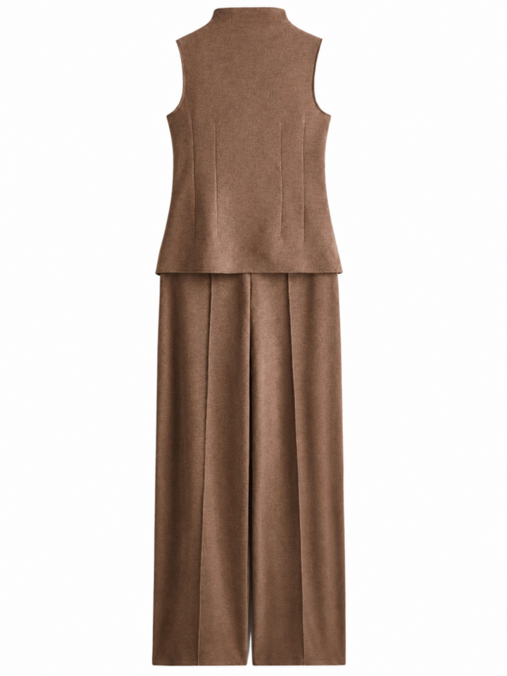 Brown Sleeveless Mock Neck Top and Wide-Leg Trousers Two-Piece Set