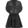 Black Polka Dot Sheer Mini Dress with Tie-Neck