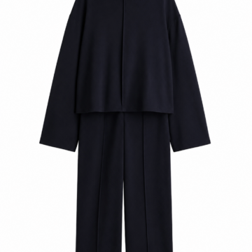 Black Oversized Funnel Neck Top and Straight-Leg Pants Two-Piece Set