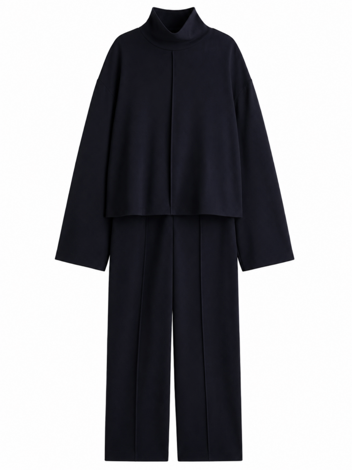 Black Oversized Funnel Neck Top and Straight-Leg Pants Two-Piece Set
