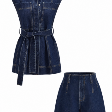 Dark Indigo Denim Sleeveless Collared Top and Shorts Two-Piece Set