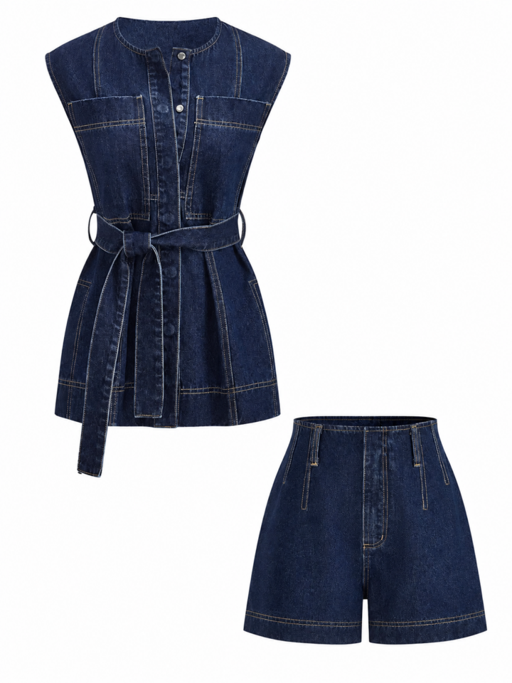 Dark Indigo Denim Sleeveless Collared Top and Shorts Two-Piece Set