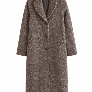 Brown Herringbone Longline Coat with Statement Buttons