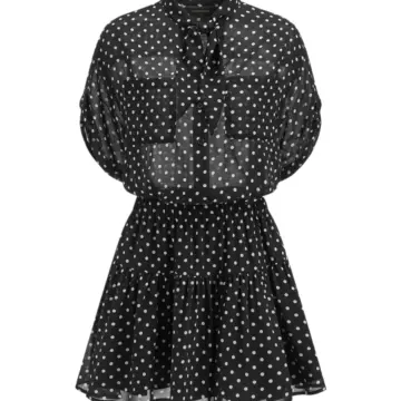 Black Polka Dot Sheer Mini Dress with Tie-Neck