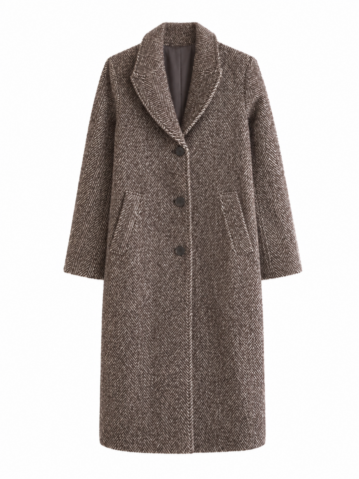 Brown Herringbone Longline Coat with Statement Buttons