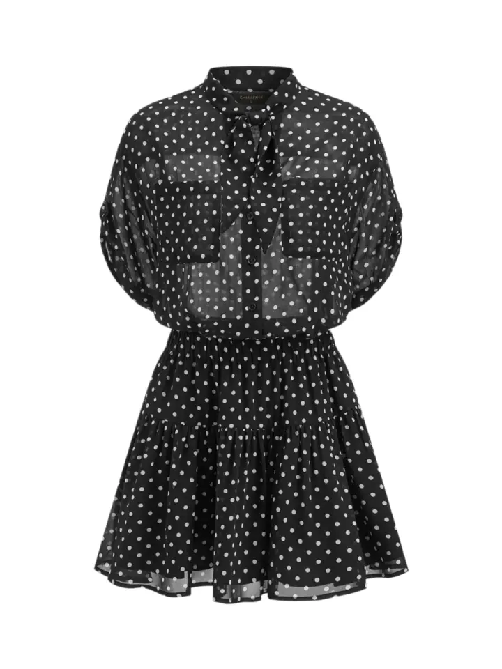 Black Polka Dot Sheer Mini Dress with Tie-Neck