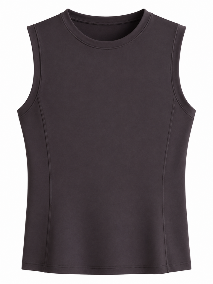 Dark Brown Sleeveless Crew Neck Athletic Top with Princess Seams
