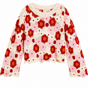 Cream Floral Crochet Bell Sleeve Sweater