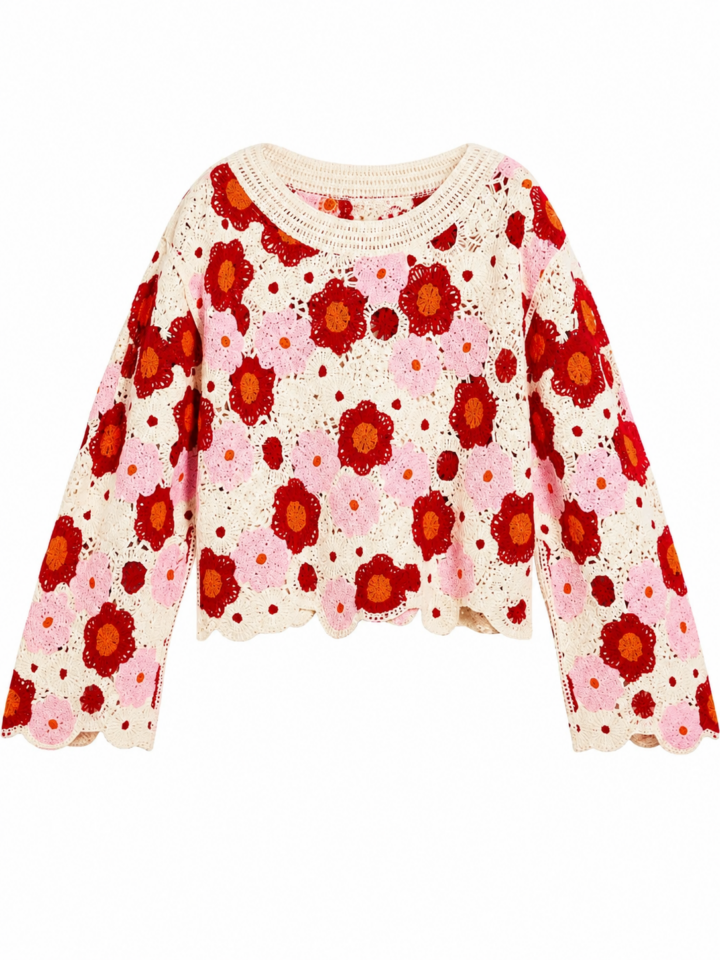 Cream Floral Crochet Bell Sleeve Sweater