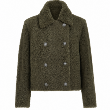 Olive Green Cropped Double-Breasted Boucle Jacket