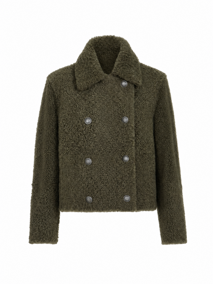 Olive Green Cropped Double-Breasted Boucle Jacket