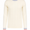 Cream Cable Knit Sweater with Red and Blue Striped Cuffs