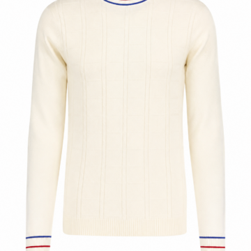 Cream Cable Knit Sweater with Red and Blue Striped Cuffs