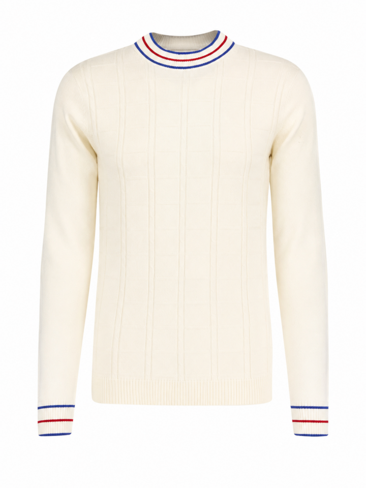 Cream Cable Knit Sweater with Red and Blue Striped Cuffs