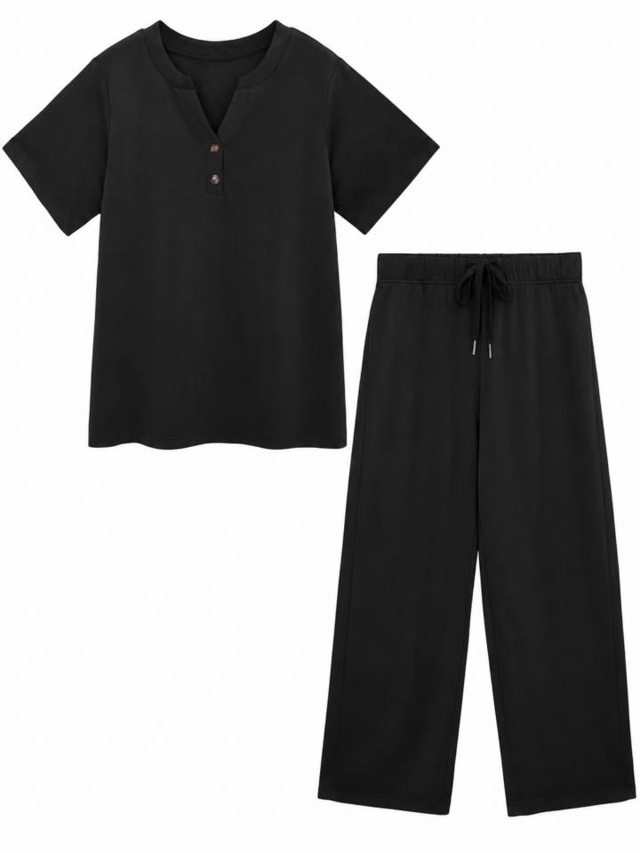 Black Short-Sleeve Split V-Neck Top and Wide-Leg Pants Two-Piece Set