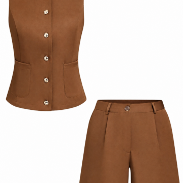 Brown Sleeveless Vest and High-Waisted Shorts Two-Piece Set