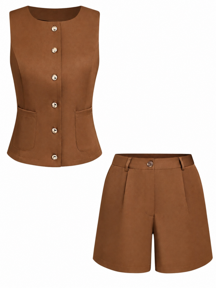 Brown Sleeveless Vest and High-Waisted Shorts Two-Piece Set