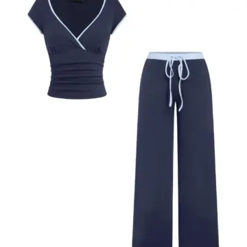 Navy Blue Wide-Leg Two-Piece Set with Contrast Piping Top and Drawstring Pants