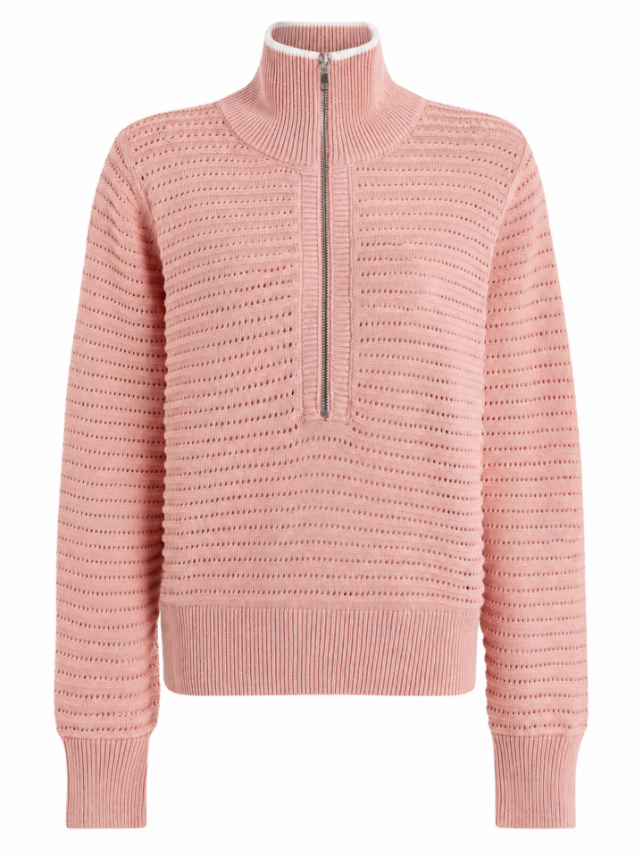 Pink Eyelet Half-Zip Mock Neck Pullover Sweater