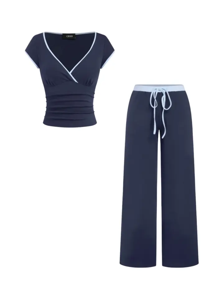 Navy Blue Wide-Leg Two-Piece Set with Contrast Piping Top and Drawstring Pants