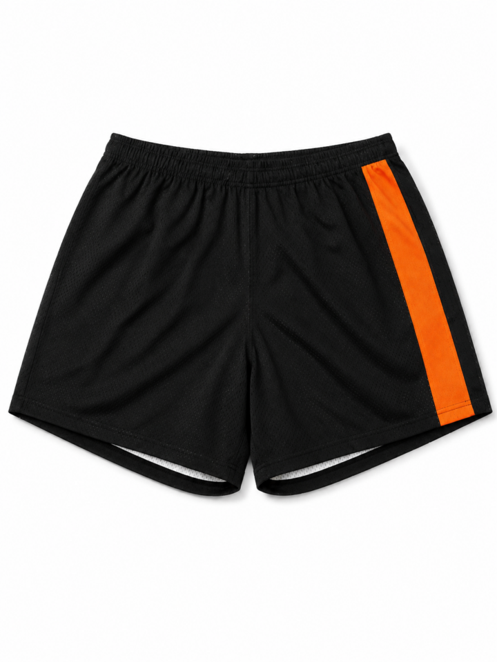 Black Athletic Shorts with Orange Side Stripe and Dolphin Hem