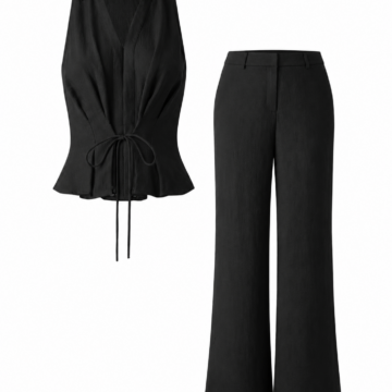 Black Sleeveless Collared Top with Drawstring and Wide-Leg Trousers Two-Piece Set