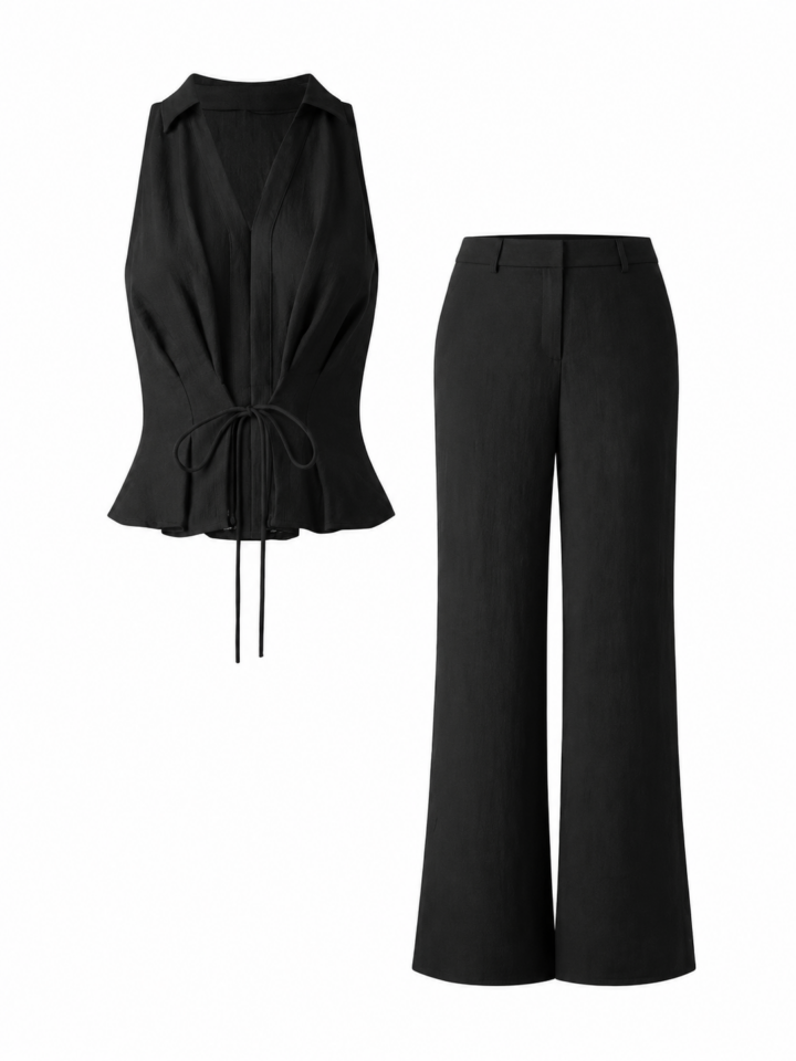 Black Sleeveless Collared Top with Drawstring and Wide-Leg Trousers Two-Piece Set