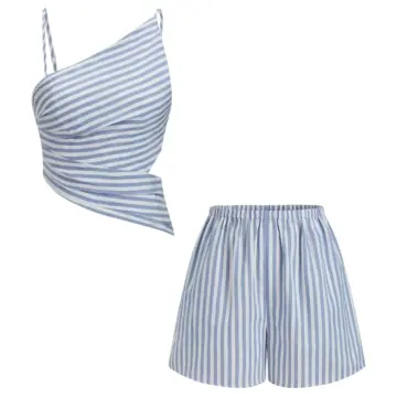 Blue Stripe Two-Piece Set with Ruched Crop Top and Shorts