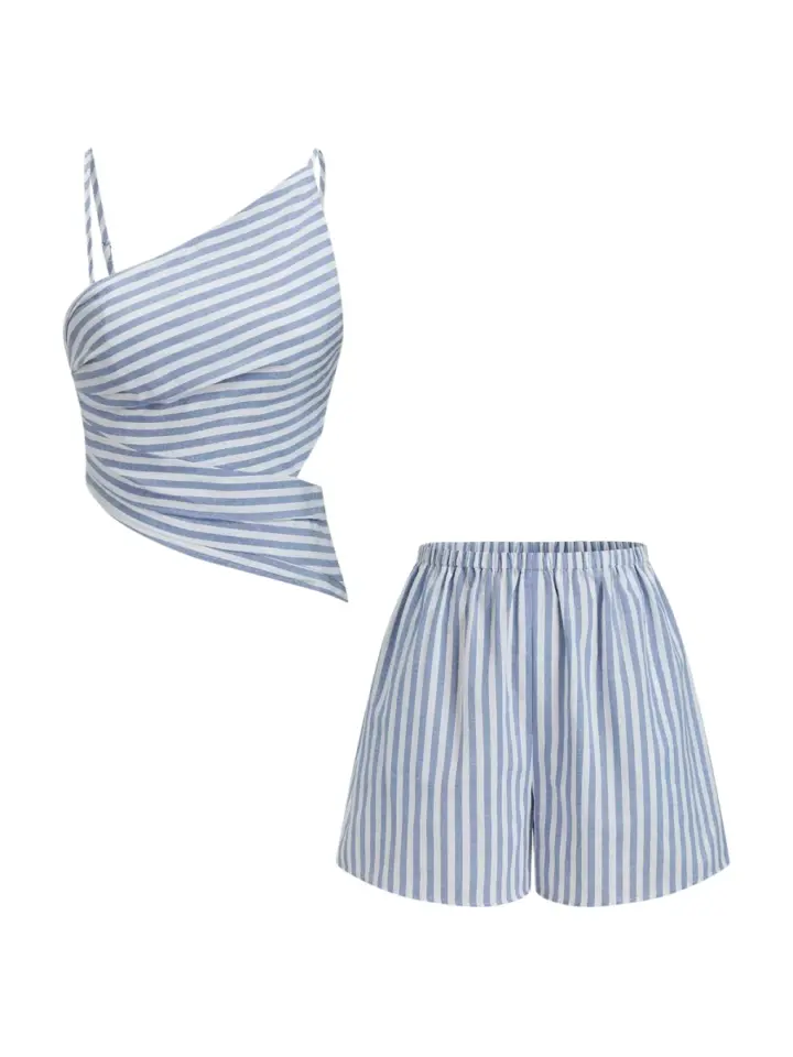 Blue Stripe Two-Piece Set with Ruched Crop Top and Shorts
