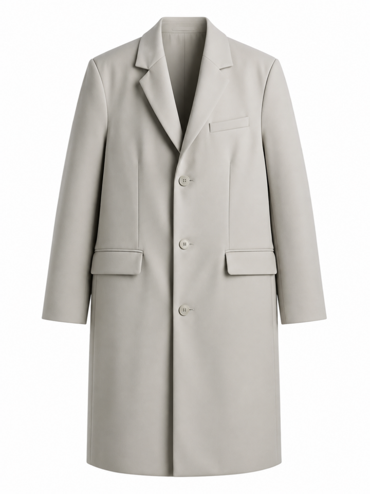 Light Grey Relaxed Fit Long Overcoat with Notch Lapels
